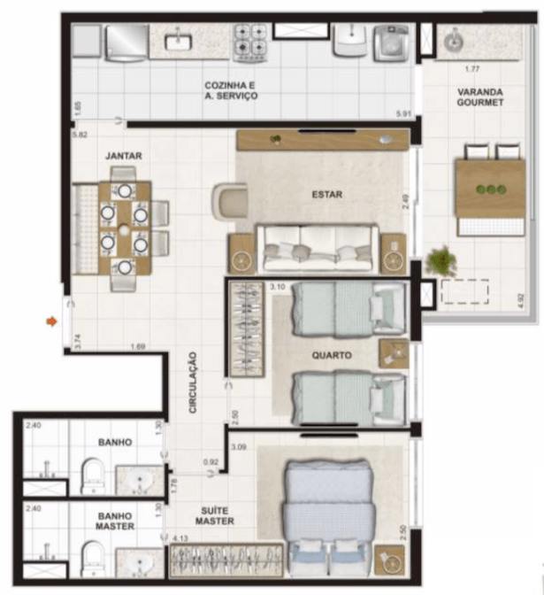 PLANTA TIPO – PLANTA TIPO – 165,29 m2 - Suíte Master + 1 Quarto - Suíte Master + 1 Quarto