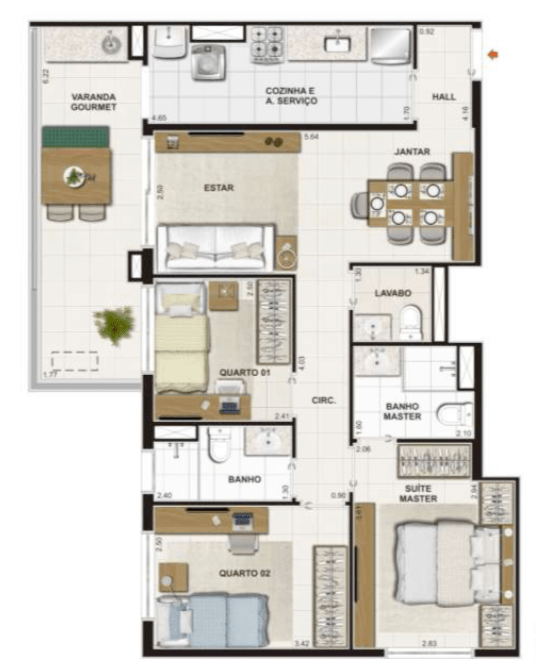 PLANTA TIPO – 82,70 m2 - Suíte Master + 2 Quartos