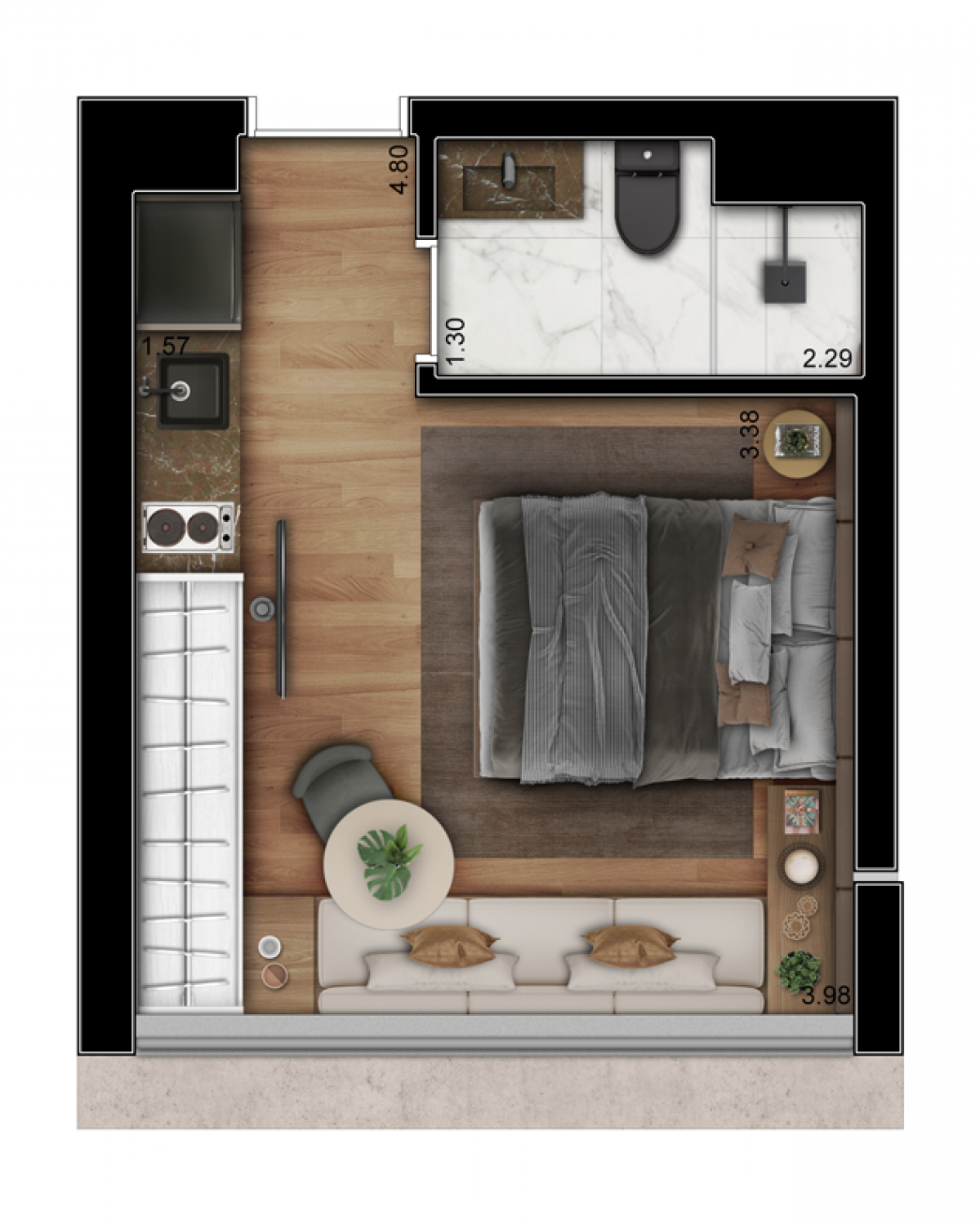 Ilustração Artística da Planta do Studio Opção Decorado – 21m²