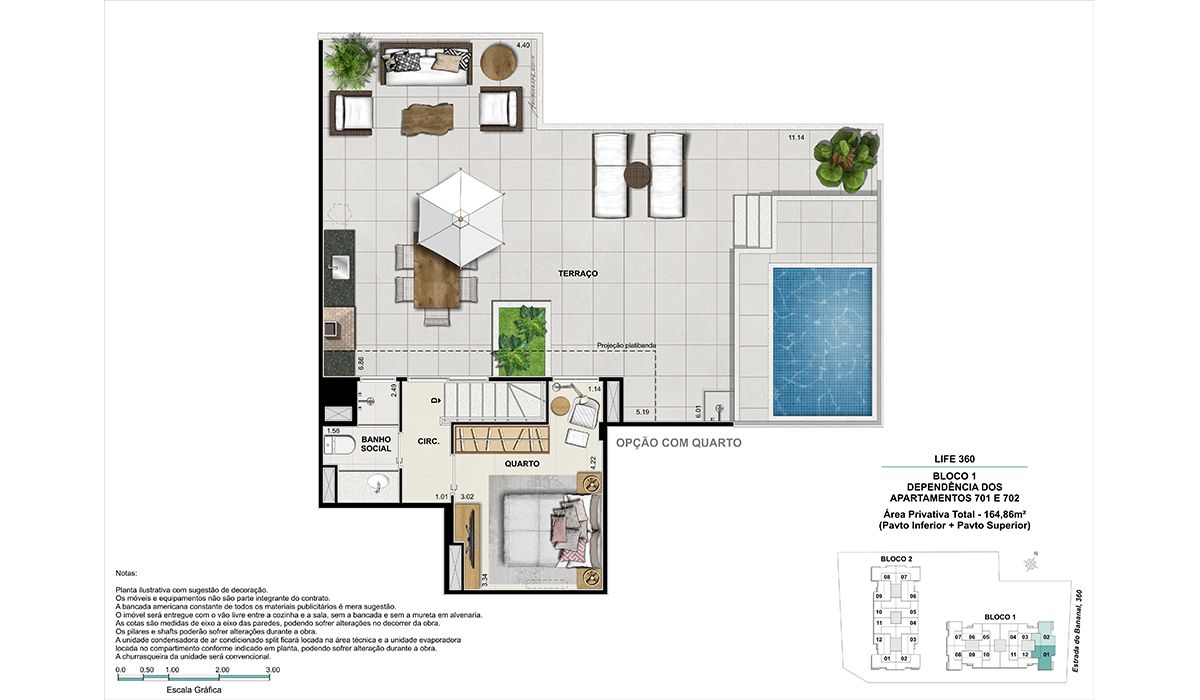 Cobertura (colunas 1 e 2)- pavimento superior – opção com quarto  BLOCO 1