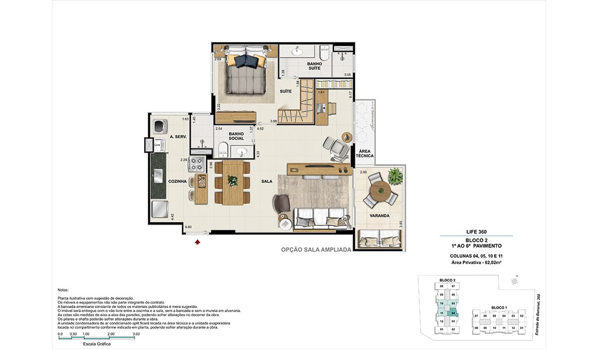 1º ao 6º pavimento (colunas 4, 5, 10 e 11) – Opção sala ampliada - BLOCO 2
