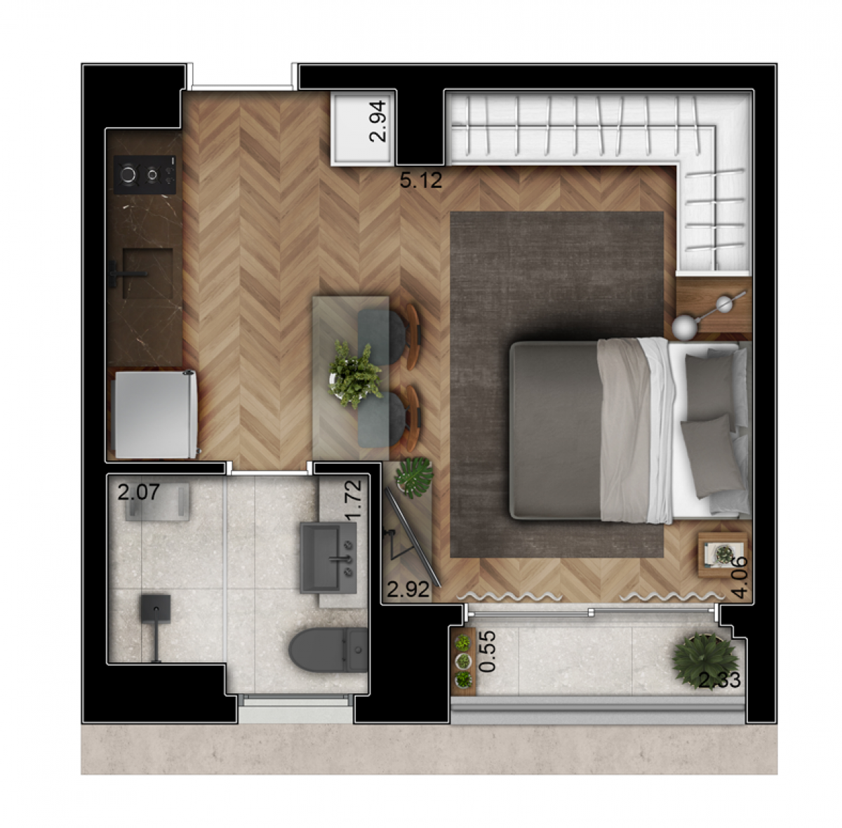 Ilustração Artística da Planta do Studio - 28m²