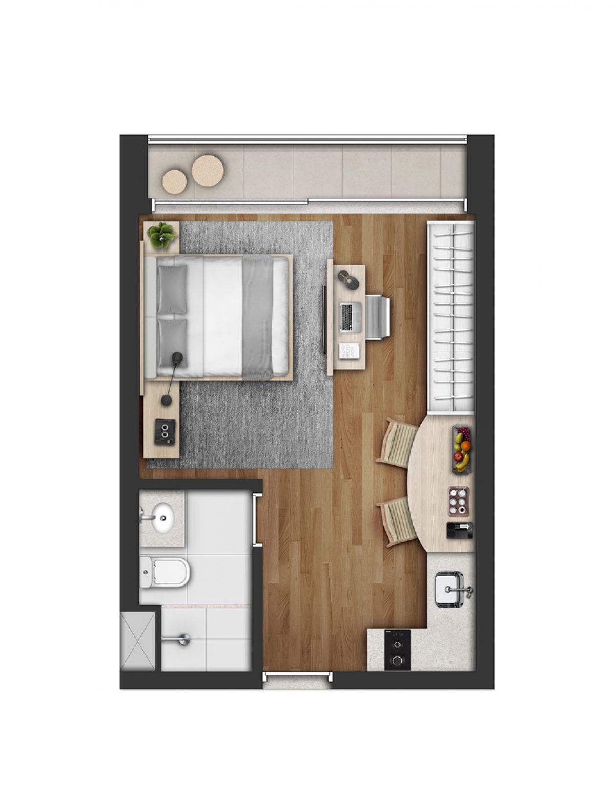 Concepção artística da planta studio de 29m²