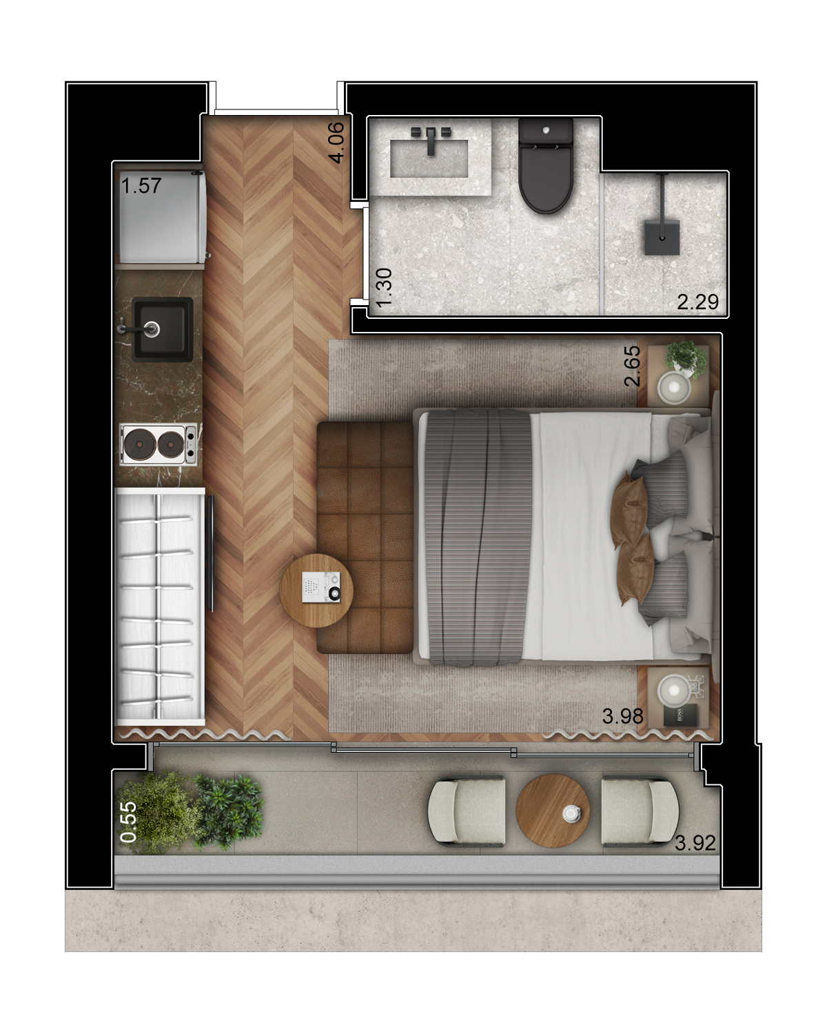 Ilustração Artística da Planta do Studio – 21m²