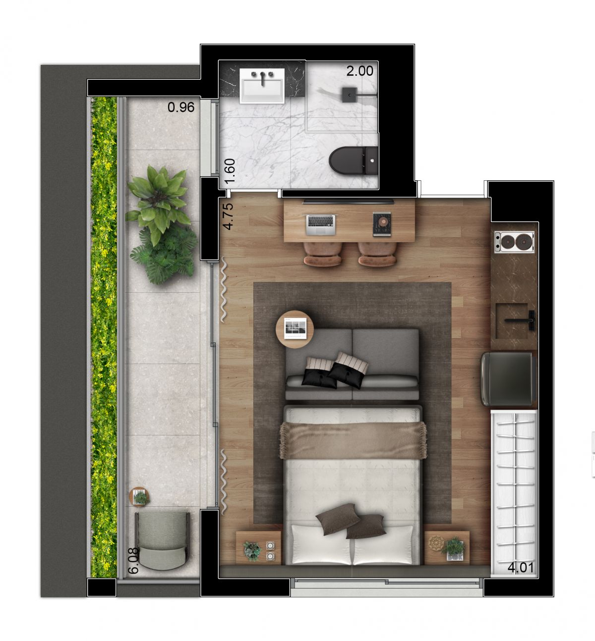 Ilustração Artística da Planta do Studio – 37m²