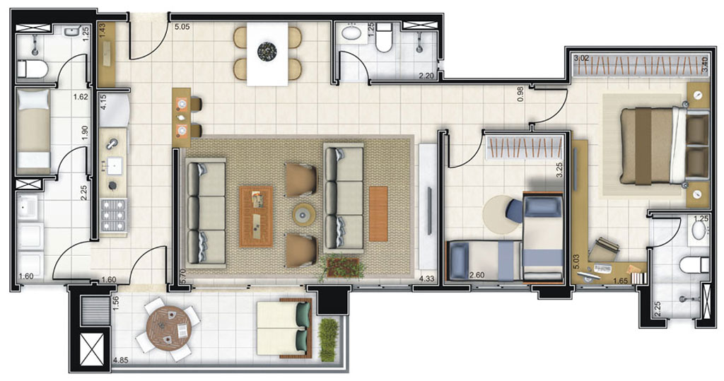 Planta de 97m² com sala ampliada