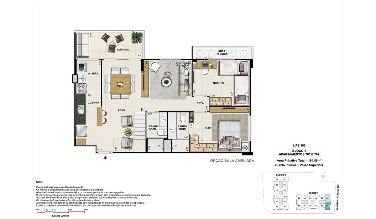 Cobertura (colunas 1 e 2)- pavimento inferior -  Opção sala ampliada - BLOCO 1