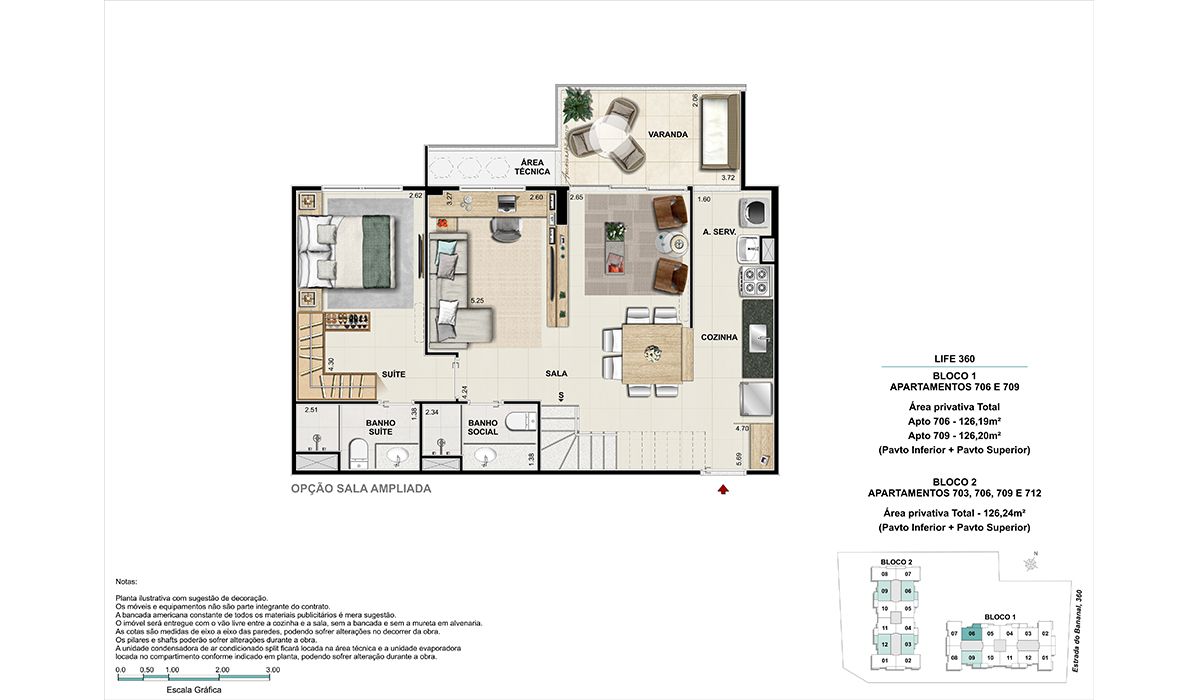Cobertura (colunas 6 e 9)-  BLOCO 1 – (colunas 3, 6, 9, 12) BLOCO 2 - Opção sala ampliada  – pavimento inferior