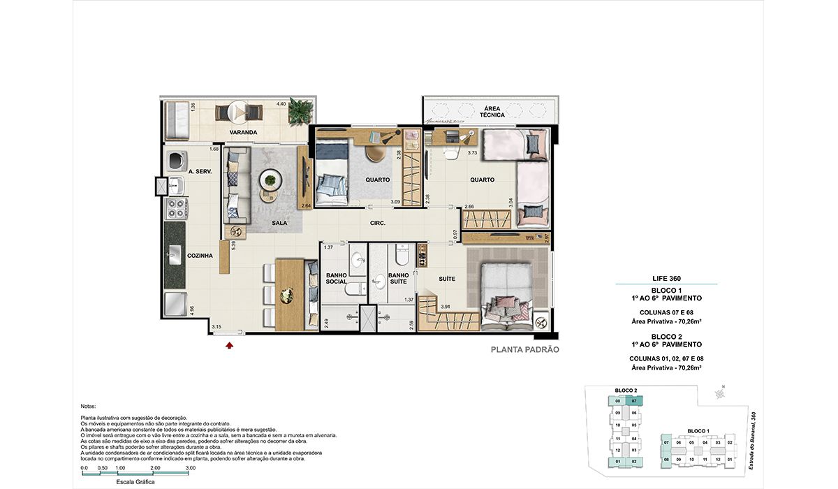 1º ao 6º pavimento (colunas 7 e 8)-  BLOCO 1 – (colunas 1, 2, 7, 8) BLOCO 2