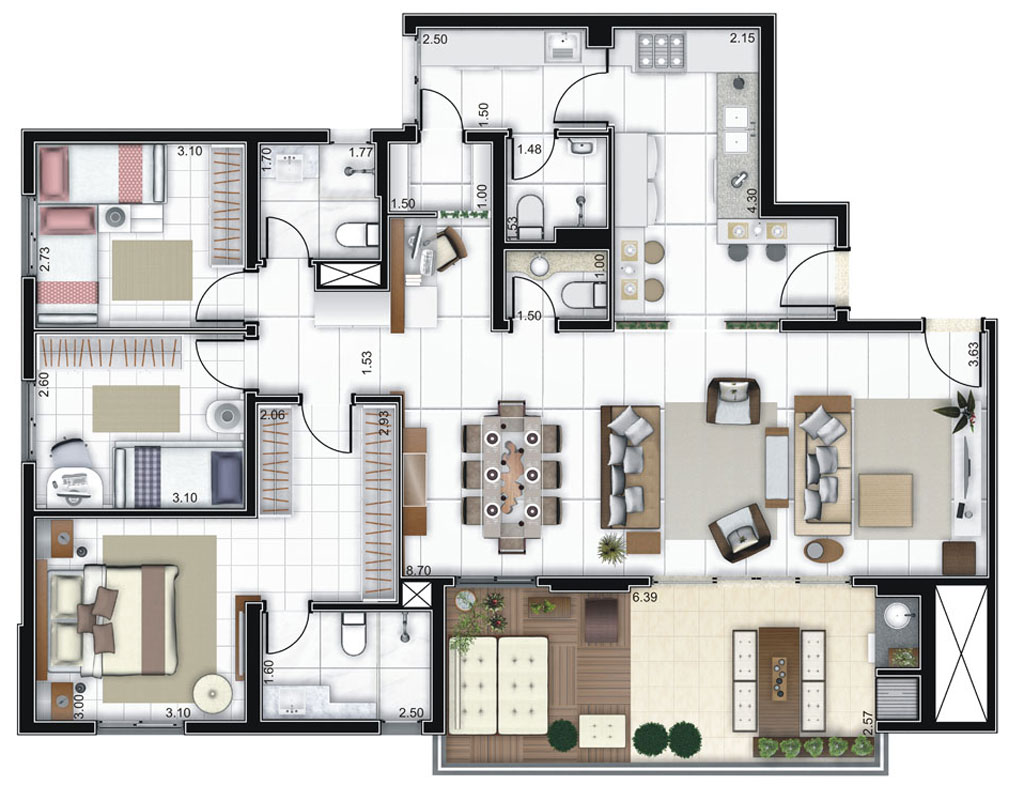 Planta de 134m² com sala ampliada
