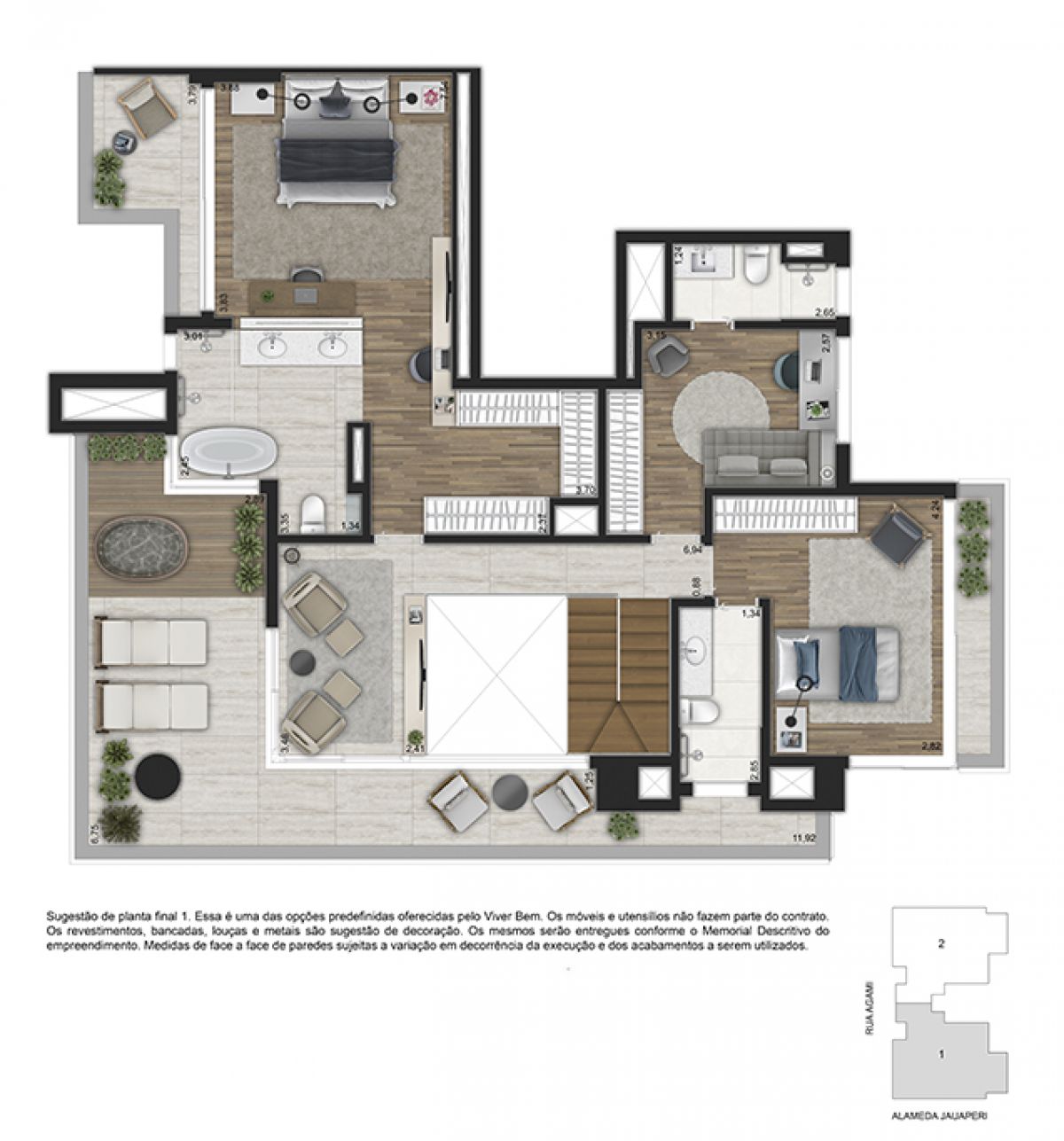 Ilustração Artística de Planta Opção Duplex Superior 281m²