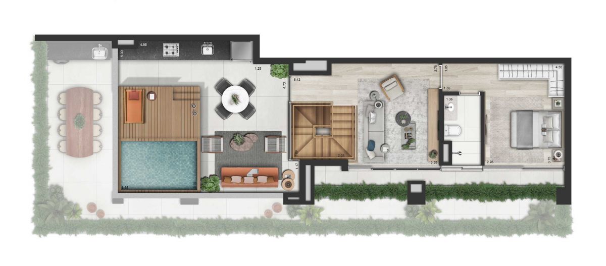 ILUSTRAÇÃO ARTÍSTICA DA PLANTA PAV. SUPERIOR DA COBERTURA DE 217m² TORRE A