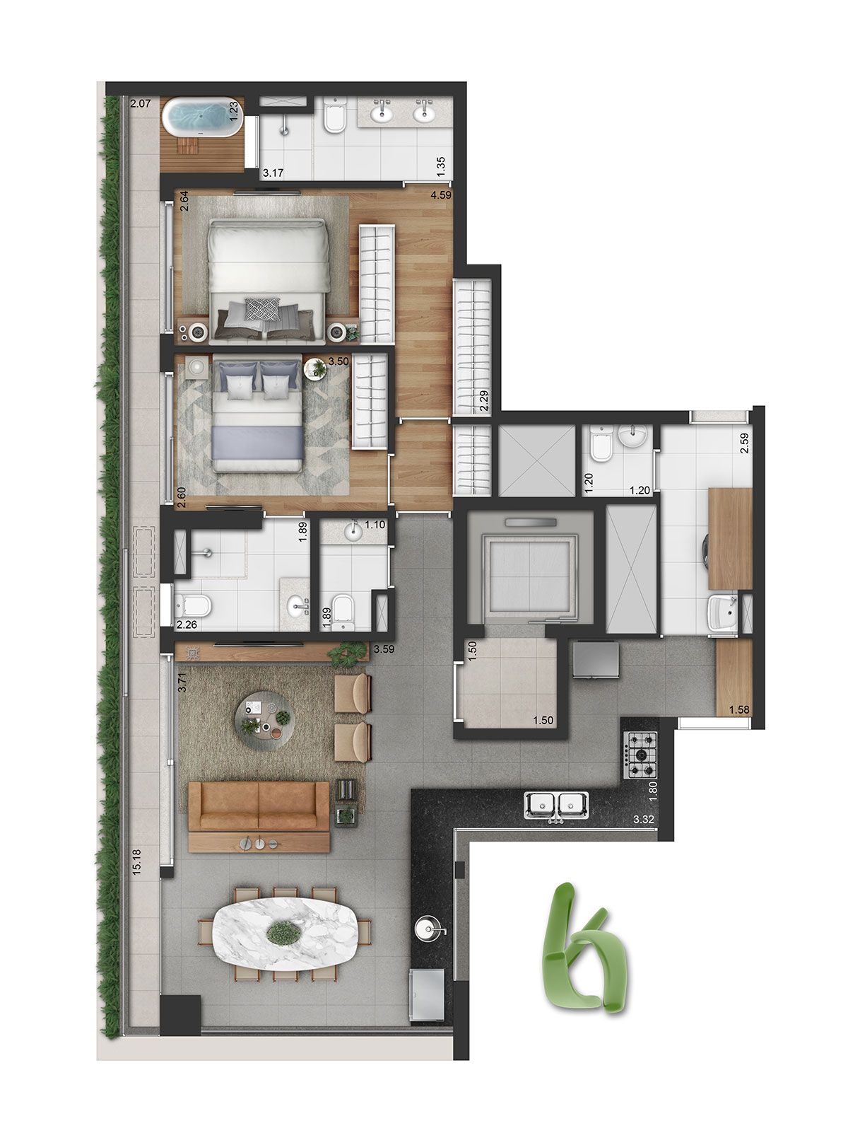 Ilustração Artística da Planta de Opção de 124m²