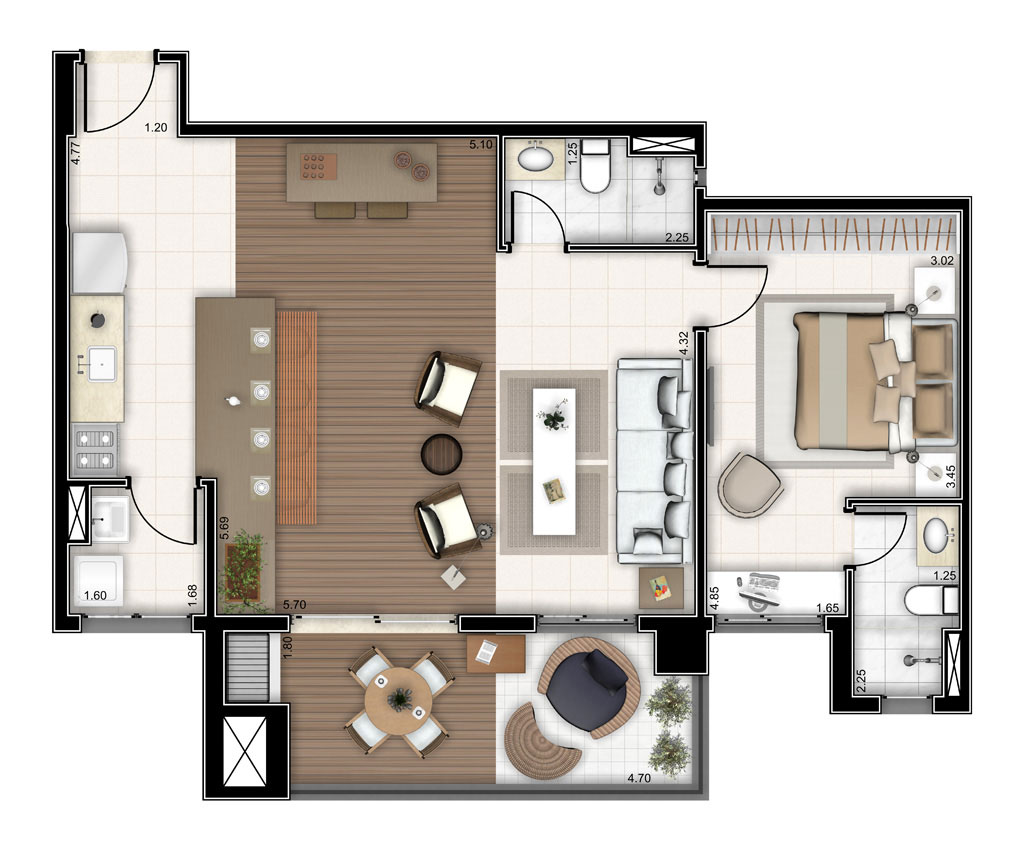 Planta de 77m² com sala ampliada