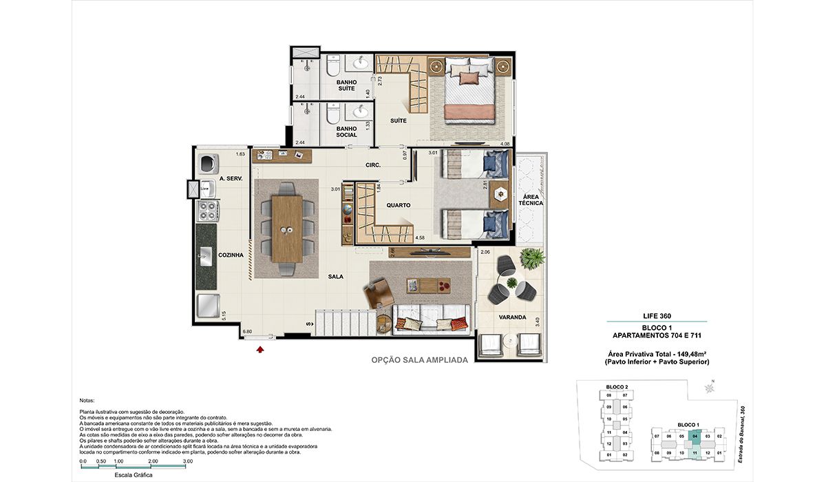 Cobertura (colunas 4 e 11)- pavimento inferior -  Opção sala ampliada - BLOCO 1